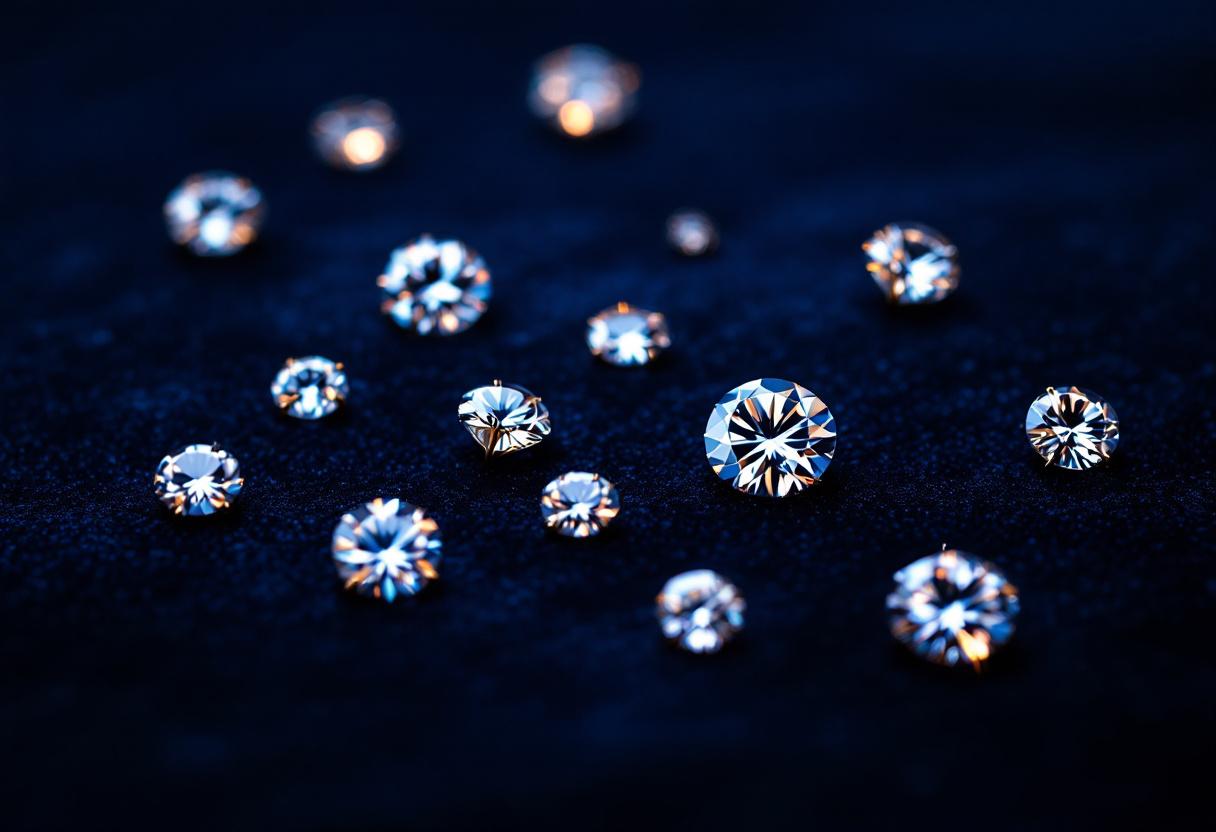 Twelve loose round brilliant diamonds scattered on deep navy velvet in a gallery specimen composition.
